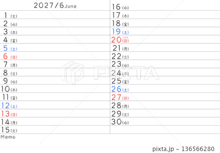 2027年シンプルカレンター　6月　曜日日本語 136566280