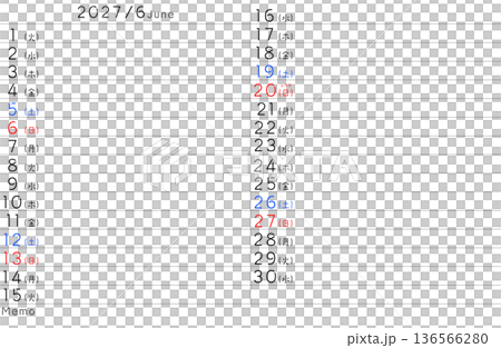 2027年シンプルカレンター　6月　曜日日本語 136566280