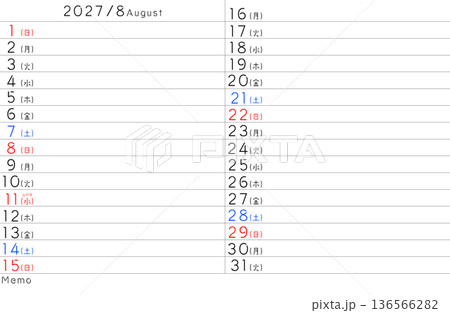 2027年シンプルカレンター 8月 曜日日本語 2027年シンプルカレンター 8月 曜日日本語 136566282