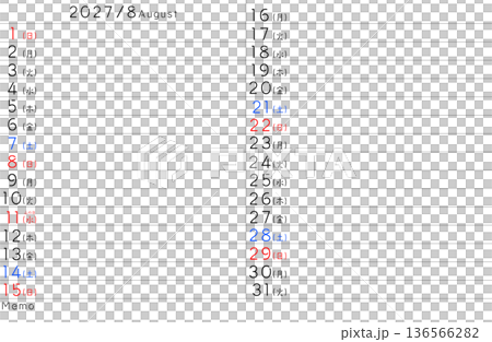2027年シンプルカレンター 8月 曜日日本語 2027年シンプルカレンター 8月 曜日日本語 136566282