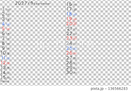 2027年簡易日曆九月星期（日文） 136566283