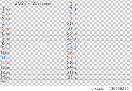 2027年簡易日曆十二月星期(日文) 2027年簡易日曆十二月星期(日文) 136566286