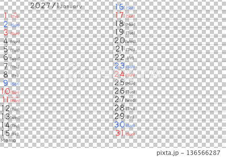 2027 Simple Calendar January Day of the Week English 2027 Simple Calendar January Day of the Week English 136566287