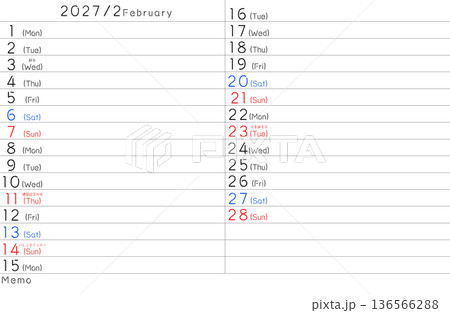 2027年シンプルカレンター 2月 曜日英語 2027年シンプルカレンター 2月 曜日英語 136566288