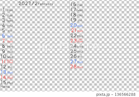 2027 Simple Calendar February Day of the Week English 136566288