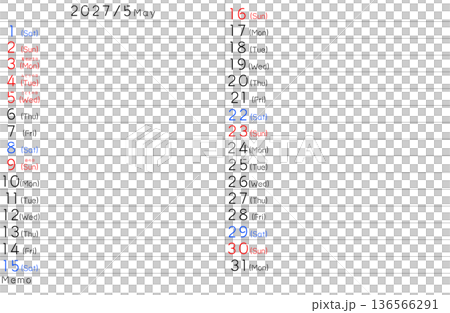 2027年シンプルカレンター　5月　曜日英語 136566291