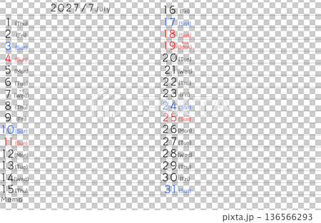 2027年シンプルカレンター 7月 曜日英語 2027年シンプルカレンター 7月 曜日英語 136566293