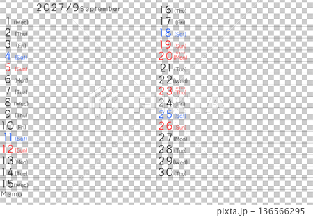2027年簡易日曆九月星期（英文版） 136566295