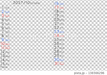 2027年簡易日曆十月號（英文版） 136566296