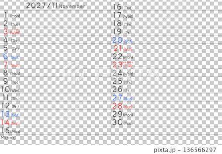 2027年簡易日曆 十一月 星期（英文） 136566297