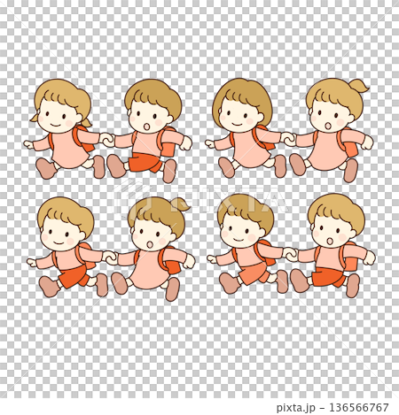 Illustration of two elementary school students walking hand in hand, good friends, going to and from school 136566767