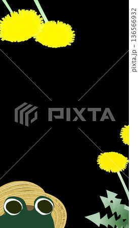 たんぽぽと麦わら帽子をかぶった蛙の縦型バナー素材(黒バック) たんぽぽと麦わら帽子をかぶった蛙の縦型バナー素材(黒バック) 136566932