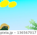 たんぽぽと麦わら帽子をかぶった蛙の長方形のバナー素材(水色のグラデーション) 136567017