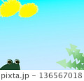 たんぽぽと蛙の長方形のバナー素材(水色のグラデーション) 136567018