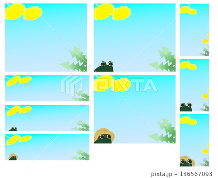 たんぽぽと蛙のバナー素材のセット(長方形,横長,縦型,水色のグラデーション) 136567093