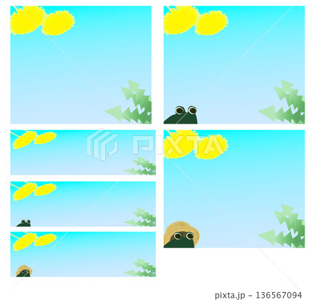 たんぽぽと蛙のバナー素材のセット(長方形,横長,水色のグラデーション) たんぽぽと蛙のバナー素材のセット(長方形,横長,水色のグラデーション) 136567094