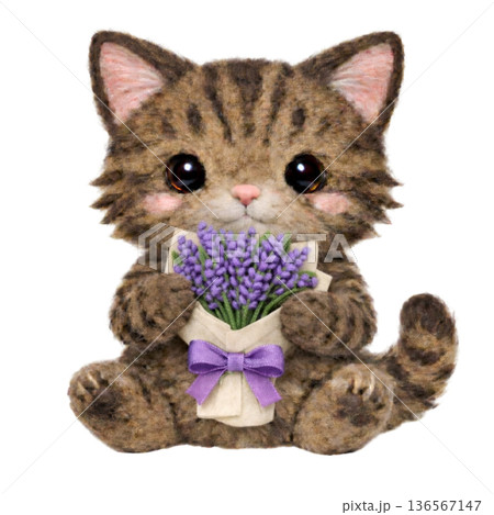 フェルト風のラベンダーの花束を持ったキジトラの猫のイラスト 136567147