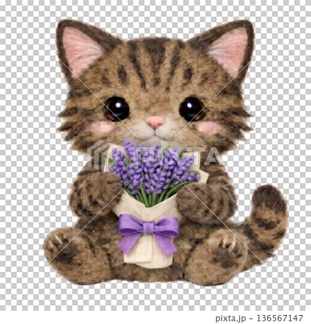 フェルト風のラベンダーの花束を持ったキジトラの猫のイラスト 136567147