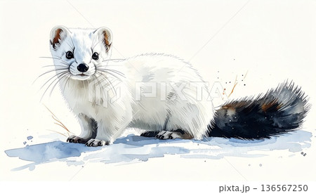 白背景に描かれた真っ白な冬毛のオコジョの水彩画風イラスト。つぶらな瞳と黒い尻尾の先の動物素材 136567250