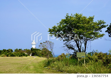 安乗埼(あのりざき)灯台がある安乗岬園地付近の風景　芝生越しの灯台　三重県志摩市阿児町 136567754
