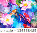 色鮮やかな蓮と錦鯉が彩る幻想的な和風の風景 136568485
