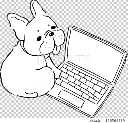 Tried french bulldog Outline with laptop hand drawn frenchie derp dog 136568519