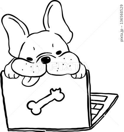 Sleepy french bulldog Tongue Out Outline on laptop hand drawn frenchie derp dog Sleepy french bulldog Tongue Out Outline on laptop hand drawn frenchie derp dog 136568529