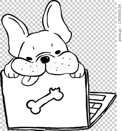 Sleepy french bulldog Tongue Out Outline on laptop hand drawn frenchie derp dog Sleepy french bulldog Tongue Out Outline on laptop hand drawn frenchie derp dog 136568529