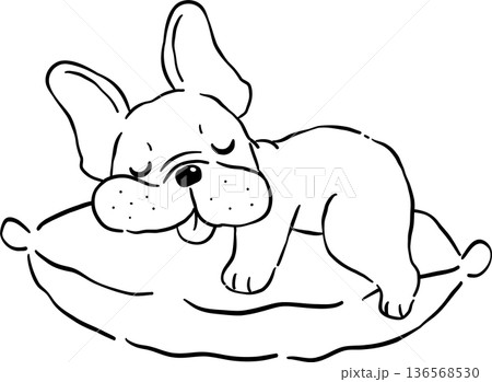 Sleeping french bulldog Tongue Out Outline on pillow hand drawn frenchie derp dog 136568530