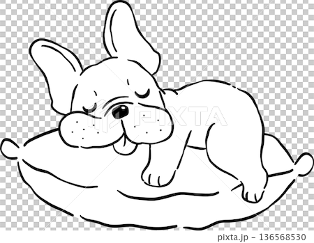 Sleeping french bulldog Tongue Out Outline on pillow hand drawn frenchie derp dog 136568530