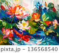 色鮮やかな蓮と錦鯉が彩る幻想的な和風の風景 136568540