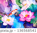 色鮮やかな蓮と錦鯉が彩る幻想的な和風の風景 136568541
