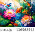 色鮮やかな蓮と錦鯉が彩る幻想的な和風の風景 136568542