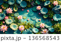 俯瞰で描かれた蓮の花が彩る幻想的で静かな池の風景 136568543