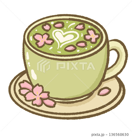 Sakura Matcha Latte Cup Illustration Japanese Green Tea Drink with Heart Foam and Cherry Blossom Cute Cafe Style Artwork 136568630