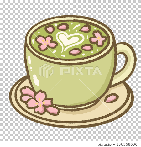 Sakura Matcha Latte Cup Illustration Japanese Green Tea Drink with Heart Foam and Cherry Blossom Cute Cafe Style Artwork 136568630