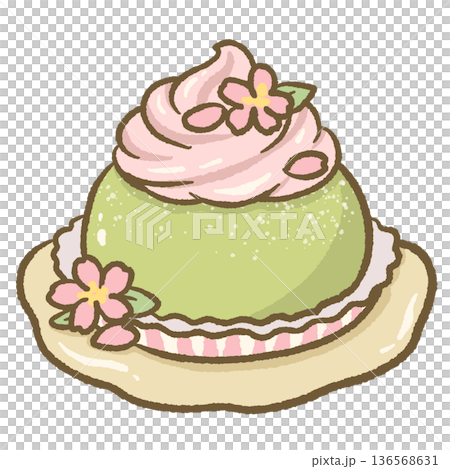 Matcha Sakura Cream Dessert Illustration Japanese Green Tea Pudding with Pink Whipped Topping Cute Spring Sweet Art Matcha Sakura Cream Dessert Illustration Japanese Green Tea Pudding with Pink Whipped Topping Cute Spring Sweet Art 136568631