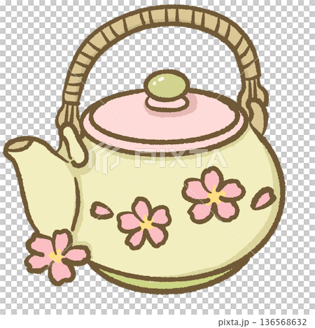 Sakura Matcha Teapot Illustration Japanese Green Tea Kettle with Cherry Blossom Pattern Cute Traditional Tea Ceremony Artwork 136568632