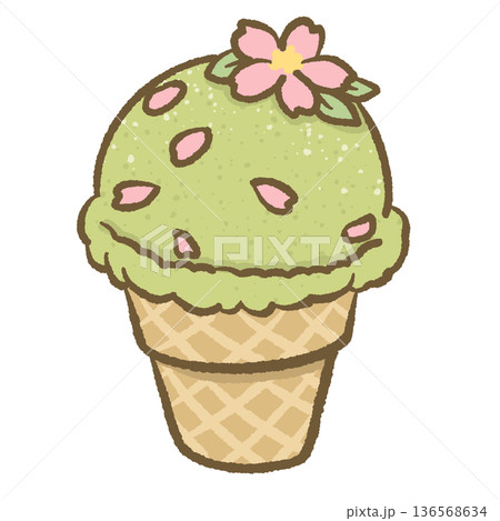 Sakura Matcha Ice Cream Cone Illustration Japanese Green Tea Scoop with Cherry Blossom Sprinkles Cute Spring Dessert Food Art 136568634