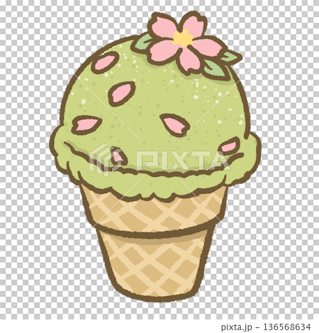 Sakura Matcha Ice Cream Cone Illustration Japanese Green Tea Scoop with Cherry Blossom Sprinkles Cute Spring Dessert Food Art 136568634