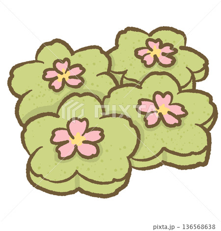 Sakura Matcha Flower Cookies Illustration Japanese Green Tea Floral Biscuits Cute Spring Dessert Food Art for Packaging Stickers and Branding 136568638