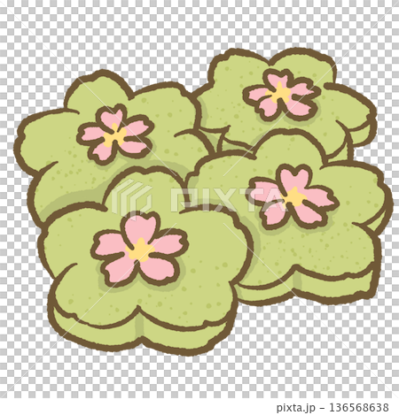 Sakura Matcha Flower Cookies Illustration Japanese Green Tea Floral Biscuits Cute Spring Dessert Food Art for Packaging Stickers and Branding 136568638