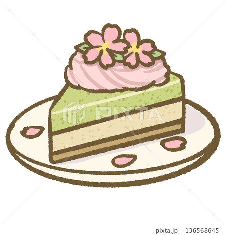 Sakura matcha cake slice on plate with pink cream floral topping soft pastel kawaii illustration for japanese dessert clipart 136568645