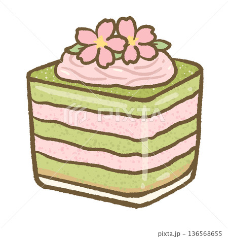 Sakura matcha layered cake with pink cream and floral topping soft pastel kawaii illustration for japanese bakery dessert clipart Sakura matcha layered cake with pink cream and floral topping soft pastel kawaii illustration for japanese bakery dessert clipart 136568655