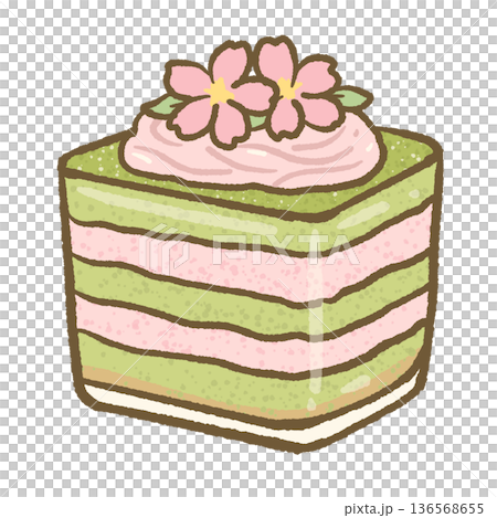 Sakura matcha layered cake with pink cream and floral topping soft pastel kawaii illustration for japanese bakery dessert clipart Sakura matcha layered cake with pink cream and floral topping soft pastel kawaii illustration for japanese bakery dessert clipart 136568655