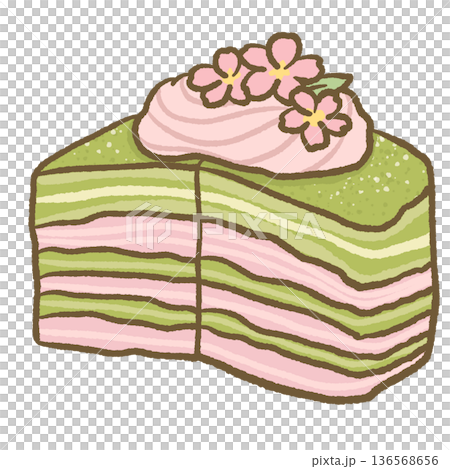 Sakura matcha layered crepe cake slice soft pastel kawaii illustration with green and pink tones for japanese dessert clipart cafe menu and sweet designs Sakura matcha layered crepe cake slice soft pastel kawaii illustration with green and pink tones for japanese dessert clipart cafe menu and sweet designs 136568656