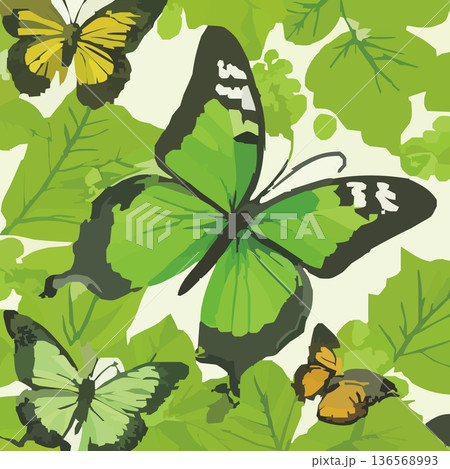 緑の葉の背景と右向きの大きなエメラルドグリーンの蝶 緑の葉の背景と右向きの大きなエメラルドグリーンの蝶 136568993