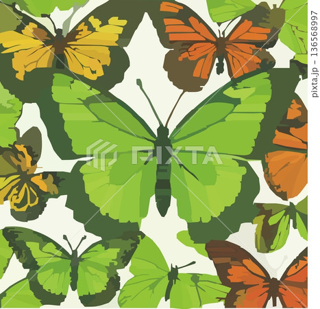 大きな黄緑色の蝶とオレンジの蝶  136568997