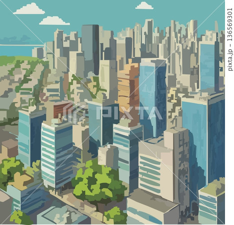 たくさんのオフィスビルのベクターイラスト 136569301