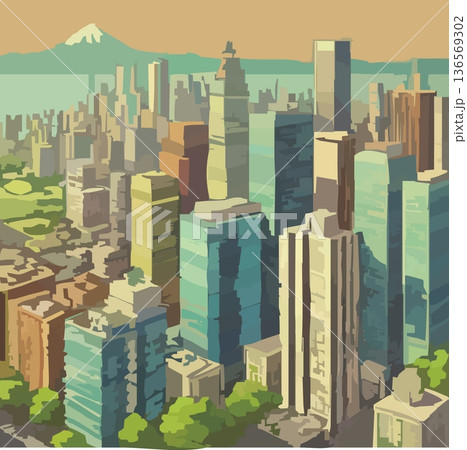 たくさんのオフィスビルと富士山のベクターイラスト 136569302